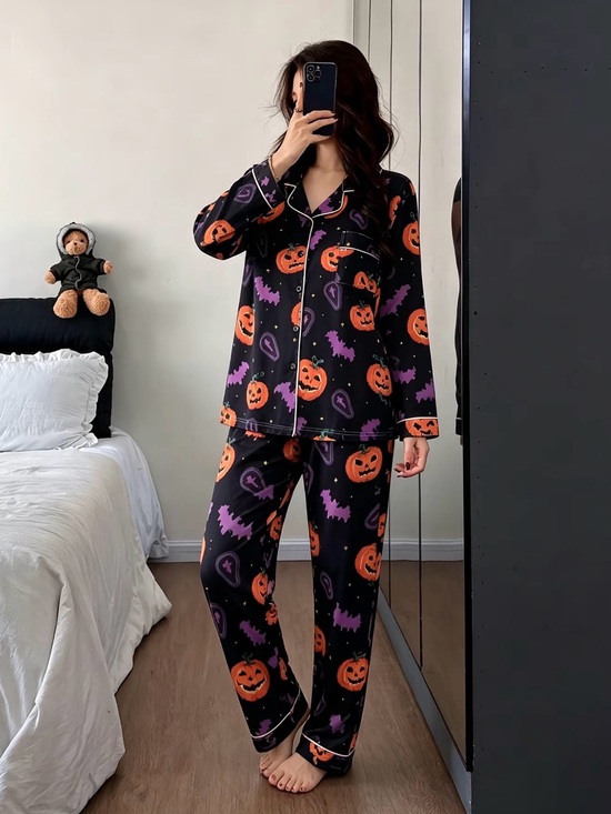 The Real Clean Company Other - Halloween Pumpkin Print Adult Sizes Pajama Set - Black & Orange
